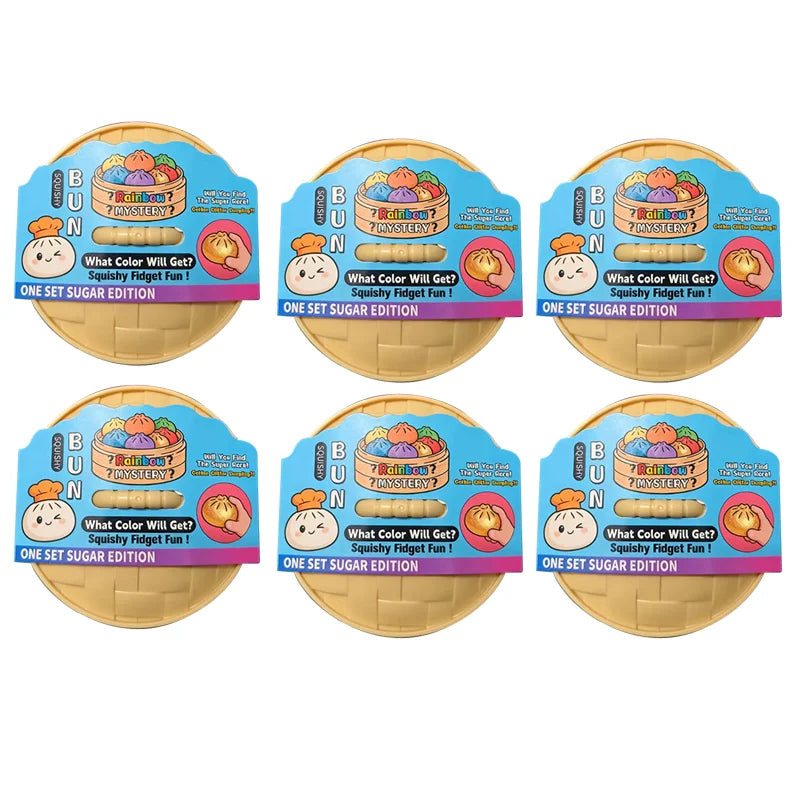A set of six colorful squishy dumpling keychains with mystery colors and a cute face design