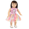 A doll wearing a pink and purple unicorn themed outfit with a tulle skirt.