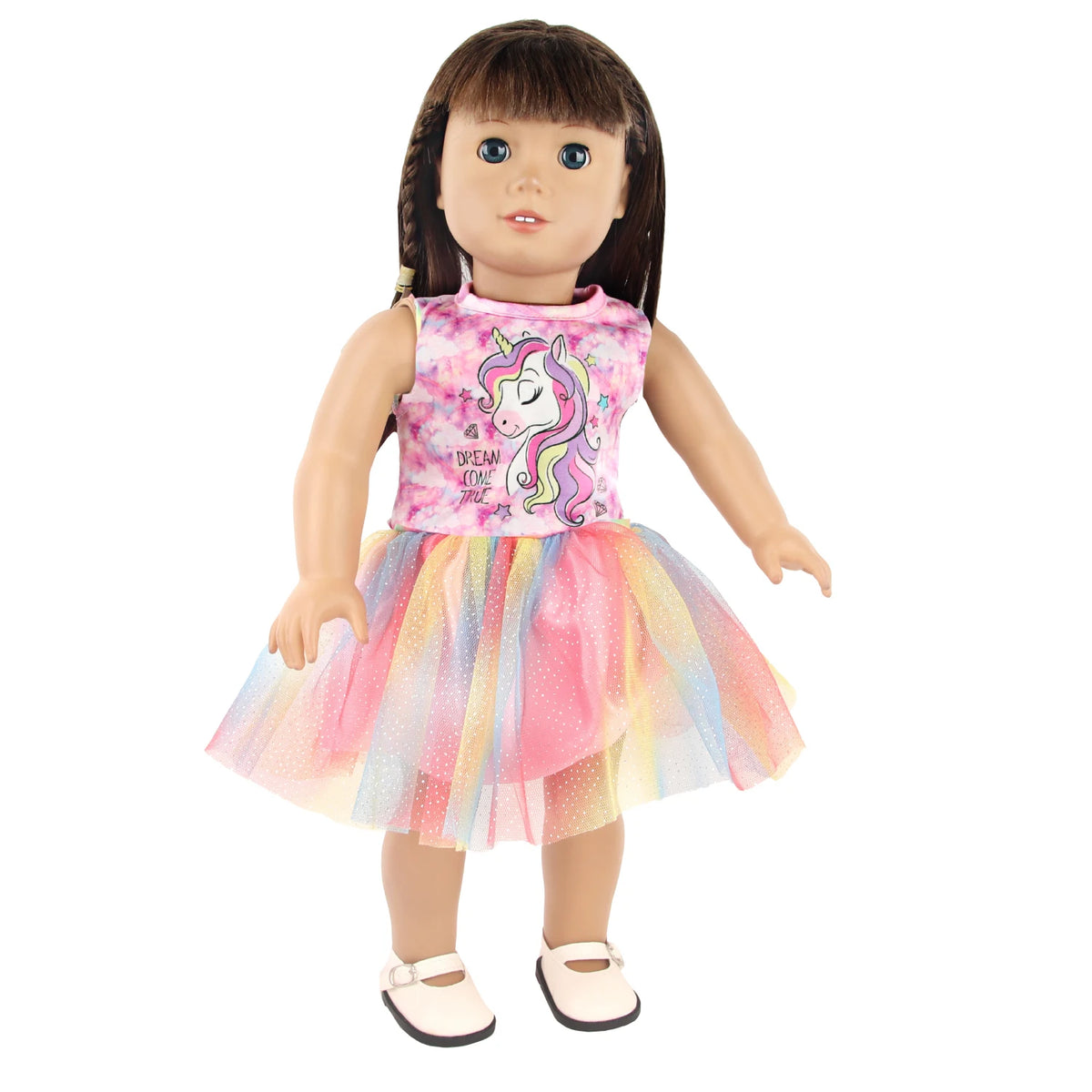 A doll wearing a pink and purple unicorn themed outfit with a tulle skirt.