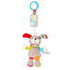 A plush hanging rattle toy with a blue ring and colorful fabric attached for infants.