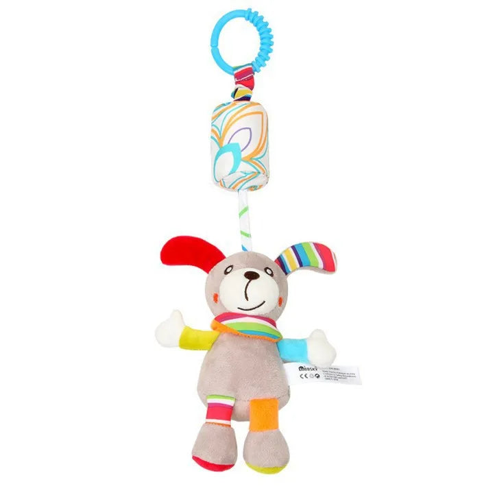 A plush hanging rattle toy with a blue ring and colorful fabric attached for infants.