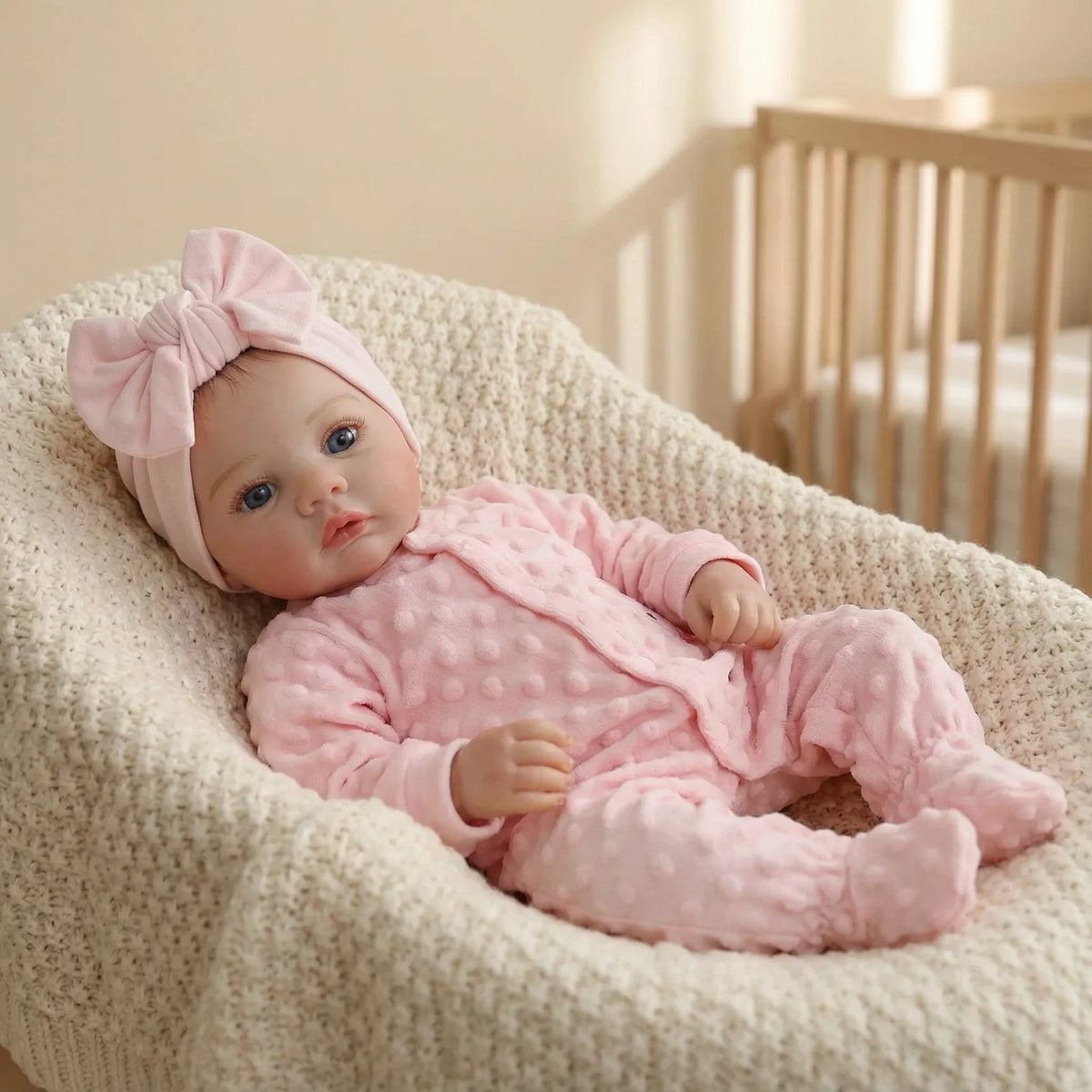 A lifelike soft body baby doll with pink hair bow and pink outfit resting in a textured white basket.