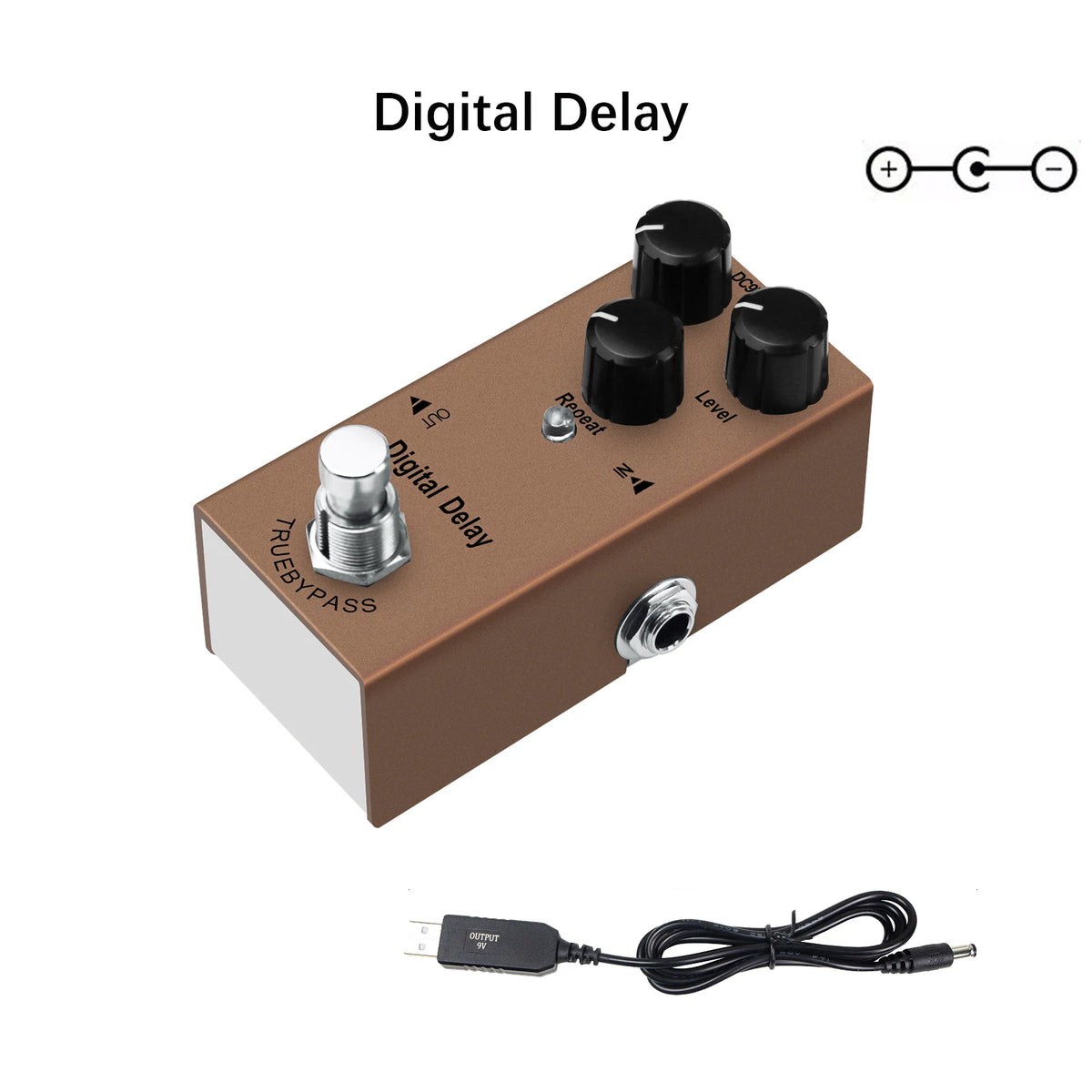 A brown electronic device labeled Digital Delay with several knobs and a bypass switch, next to an audio cable.