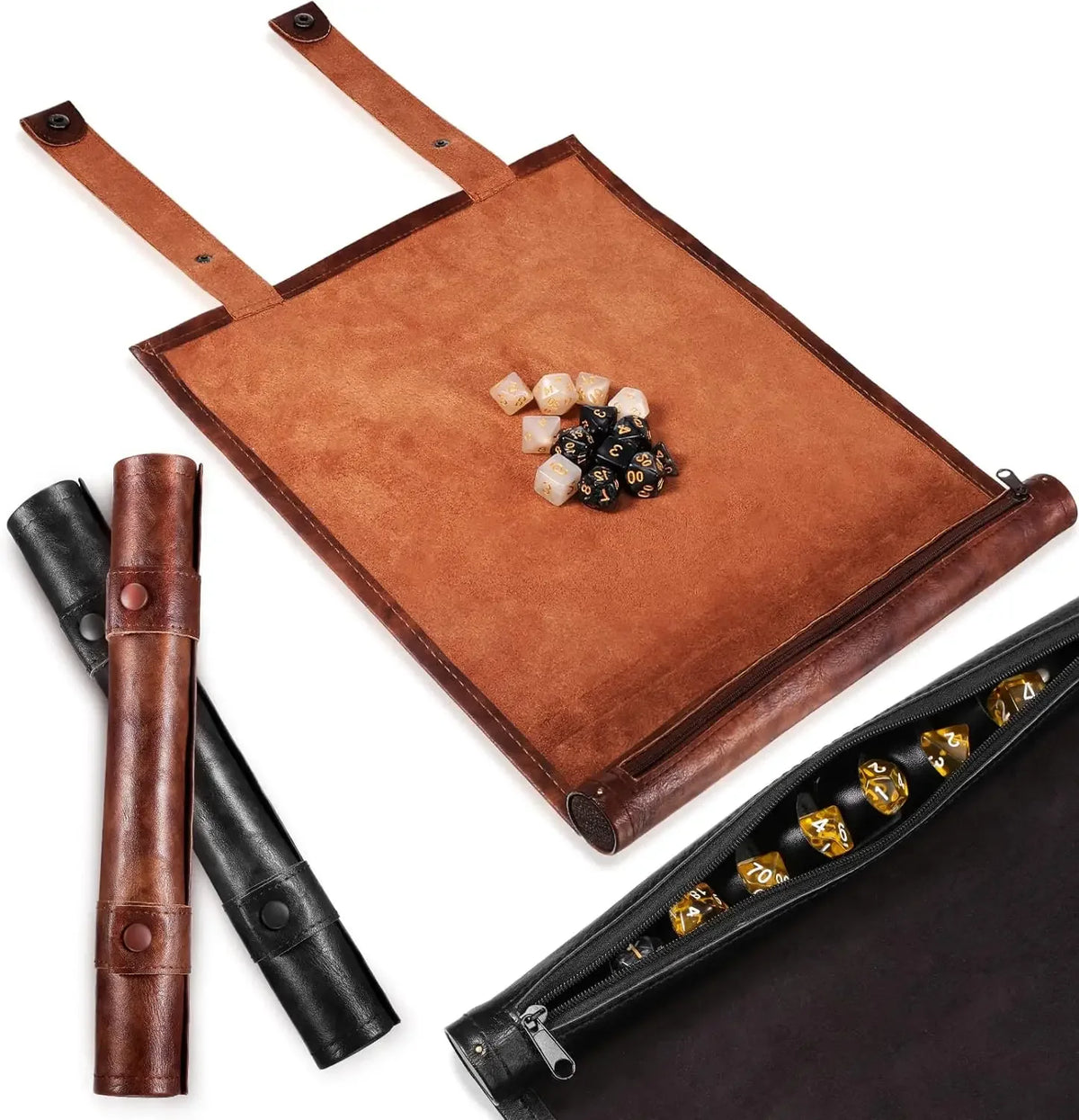 A brown PU leather folding tray with a leather storage bag and dice inside.