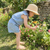 A young girl wearing a light blue floral print sleeveless shirt and shorts set in a garden.