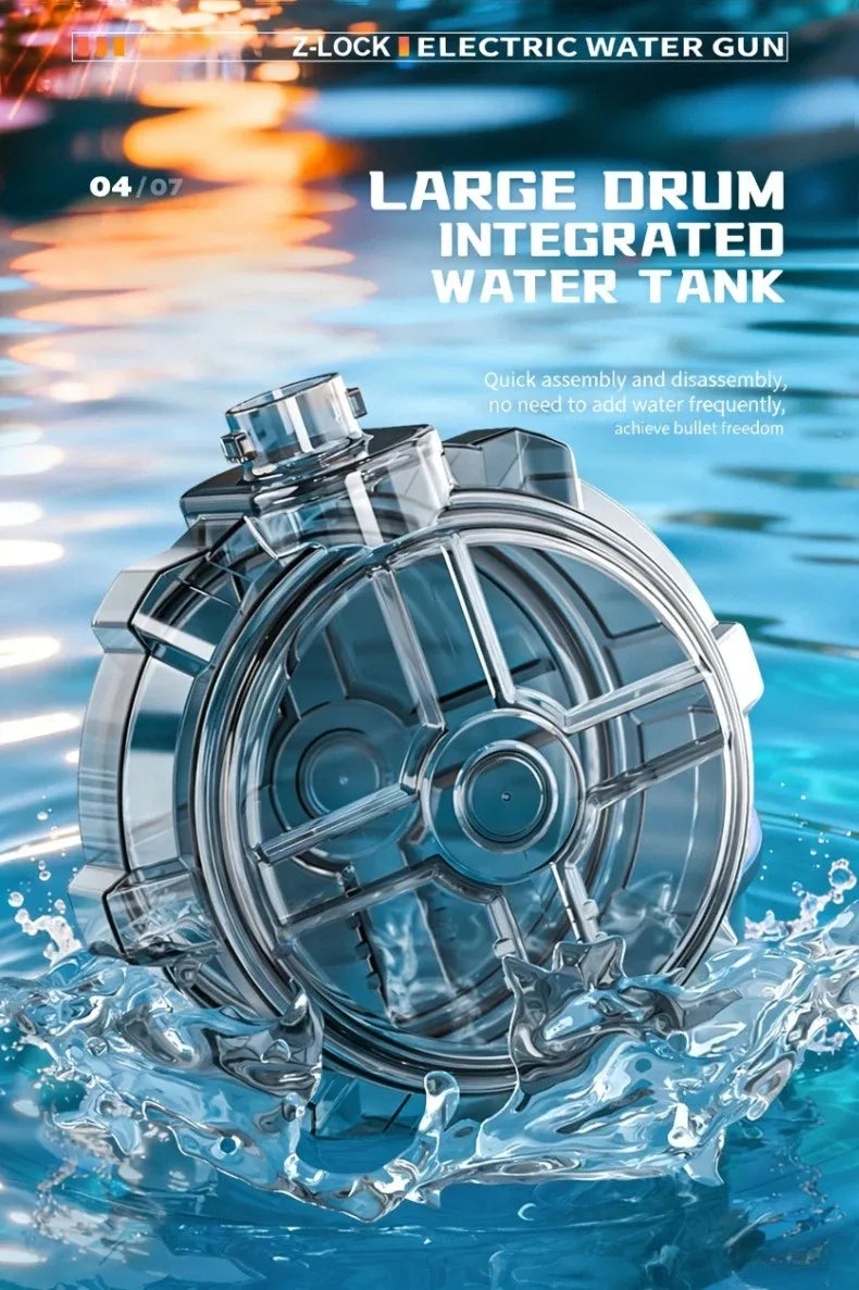 A large drum integrated water tank of an electric water gun submerged in clear water.