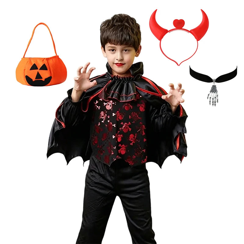 A boy wearing a black vampire bat costume set with a cape, shirt, pants, and accessories.