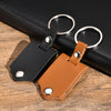 A leather keychain featuring a custom photo and personalized engraving, with a black tag and a tan leather strap.