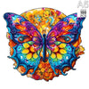 A vibrant, colorful wooden puzzle featuring a butterfly with intricate wings set against an orange floral background.