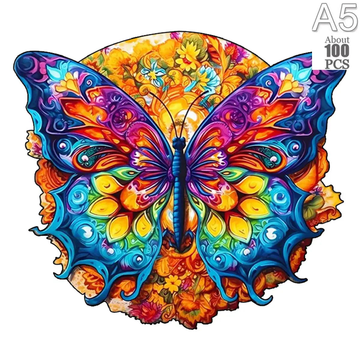 A vibrant, colorful wooden puzzle featuring a butterfly with intricate wings set against an orange floral background.