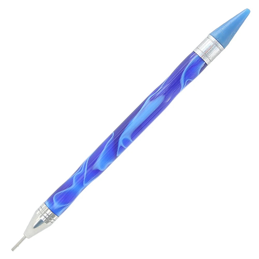 A blue diamond painting pen with a silver tip and a translucent blue body.