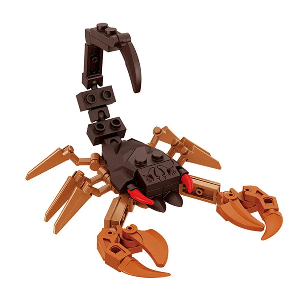 A set of insect building blocks featuring a bee, ant, and butterfly with orange and black components.