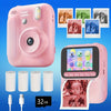 A pink instant print camera is shown with several blank film cartridges and a printed photo of a child.