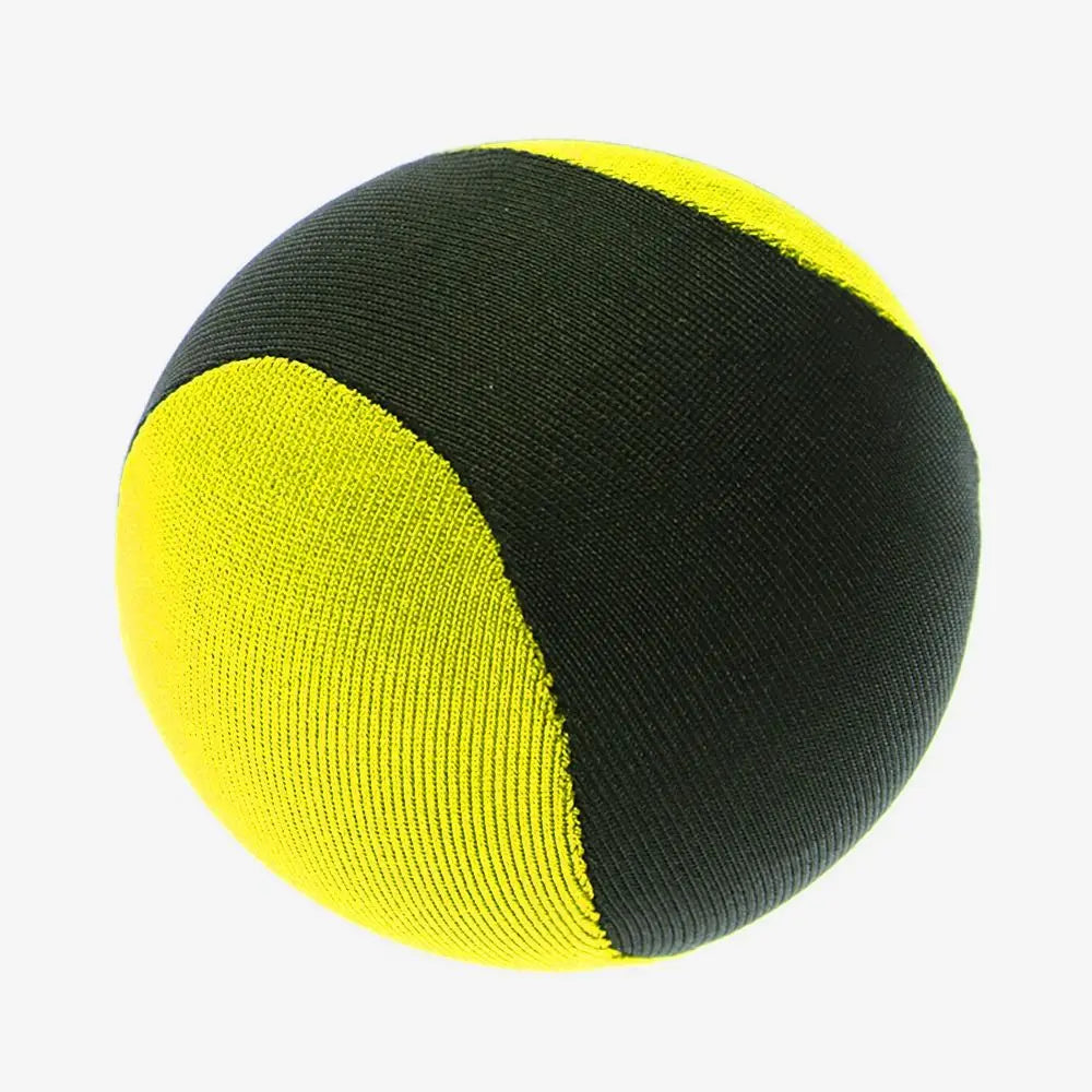A black and yellow water bouncing ball with a segmented design.