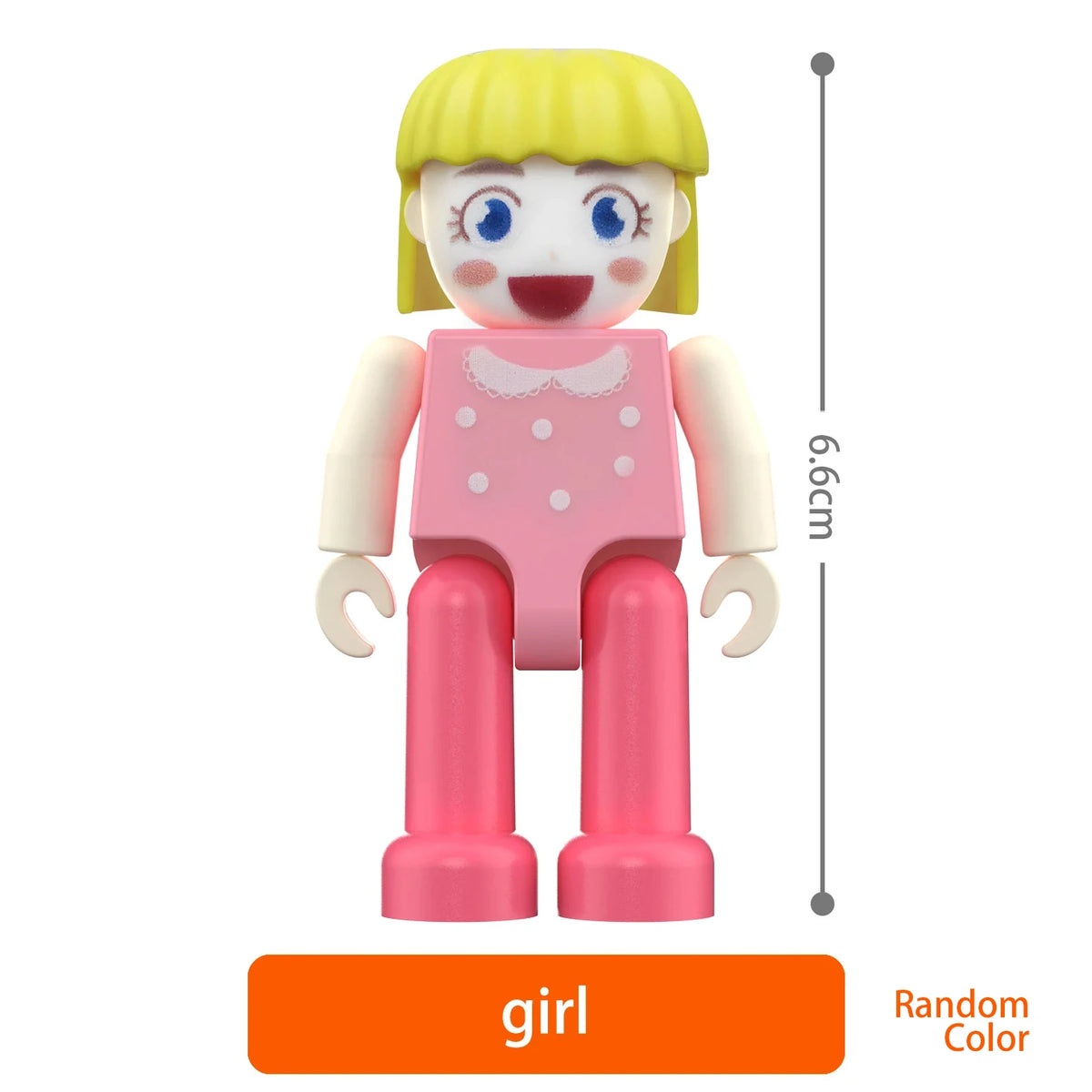 A pink magnetic building block figure of a girl with blonde hair and a smiling face.