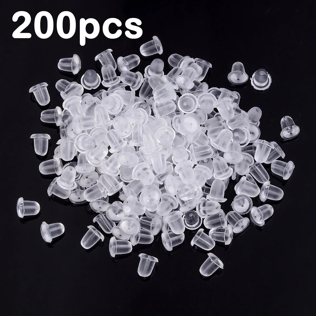 A pile of 200 clear silicone earring backs for secure stud closure.