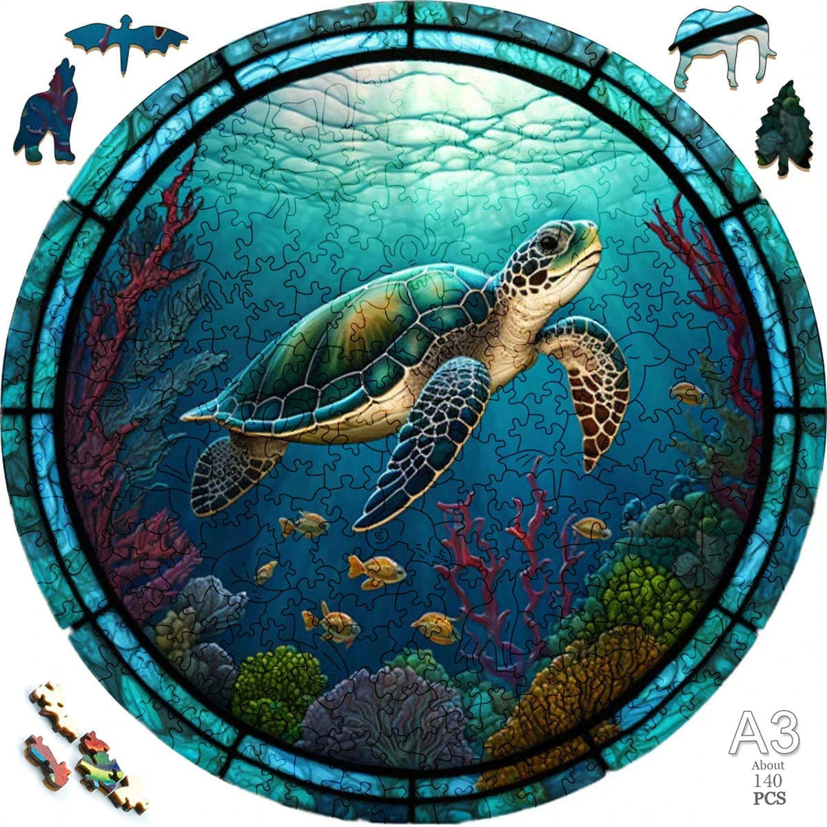 A wooden 3D puzzle of a sea turtle swimming in an underwater coral reef scene.