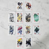 A collection of black and white poker-style cards featuring characters from Hollow Knight.