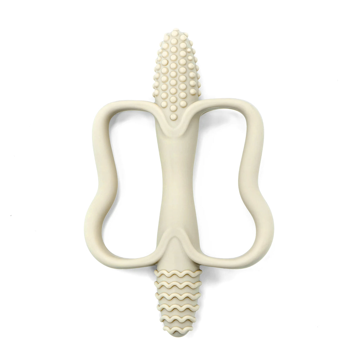 A light beige silicone teething stick with a textured, ridged end and a curved handle.