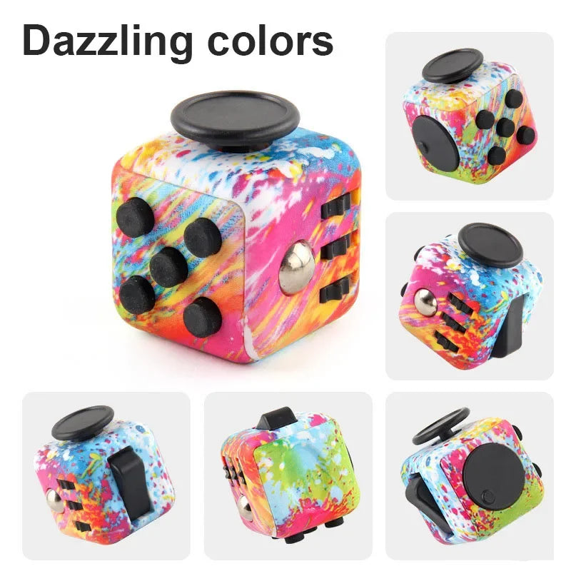 A collection of colorful fidget cubes featuring dazzling colors and various button types.
