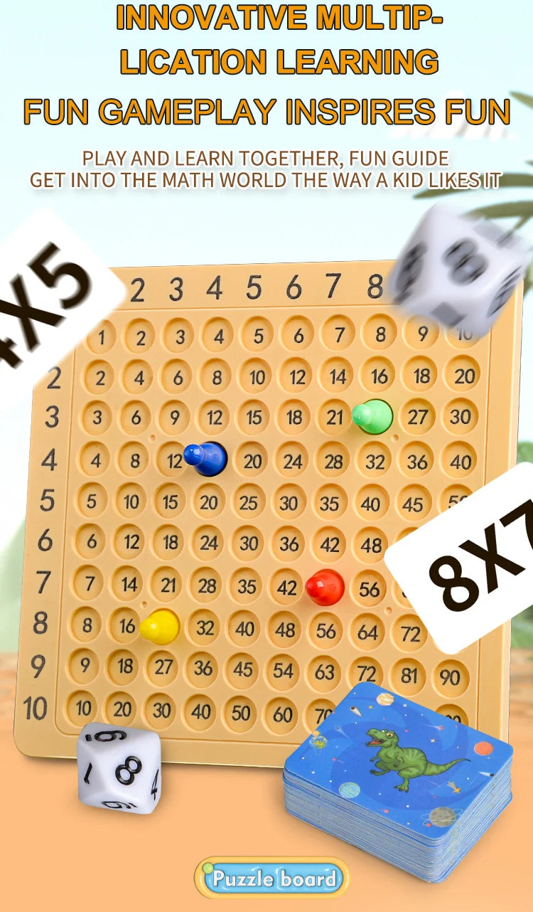 A multiplication learning game featuring a yellow board, dice, and colorful tiles for fun gameplay.