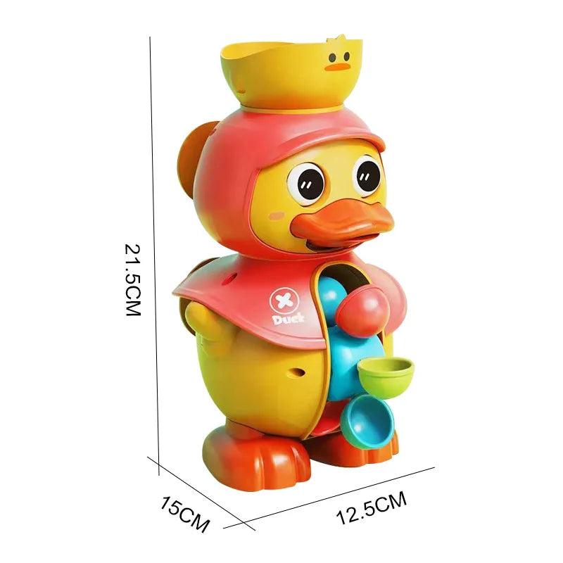 Jouet de bain en forme de canard jaune et orange pour tout-petits avec un bol attaché.