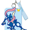 A display card set featuring Greninja and Sylveon Pokémon figures attached to a metal keyring.