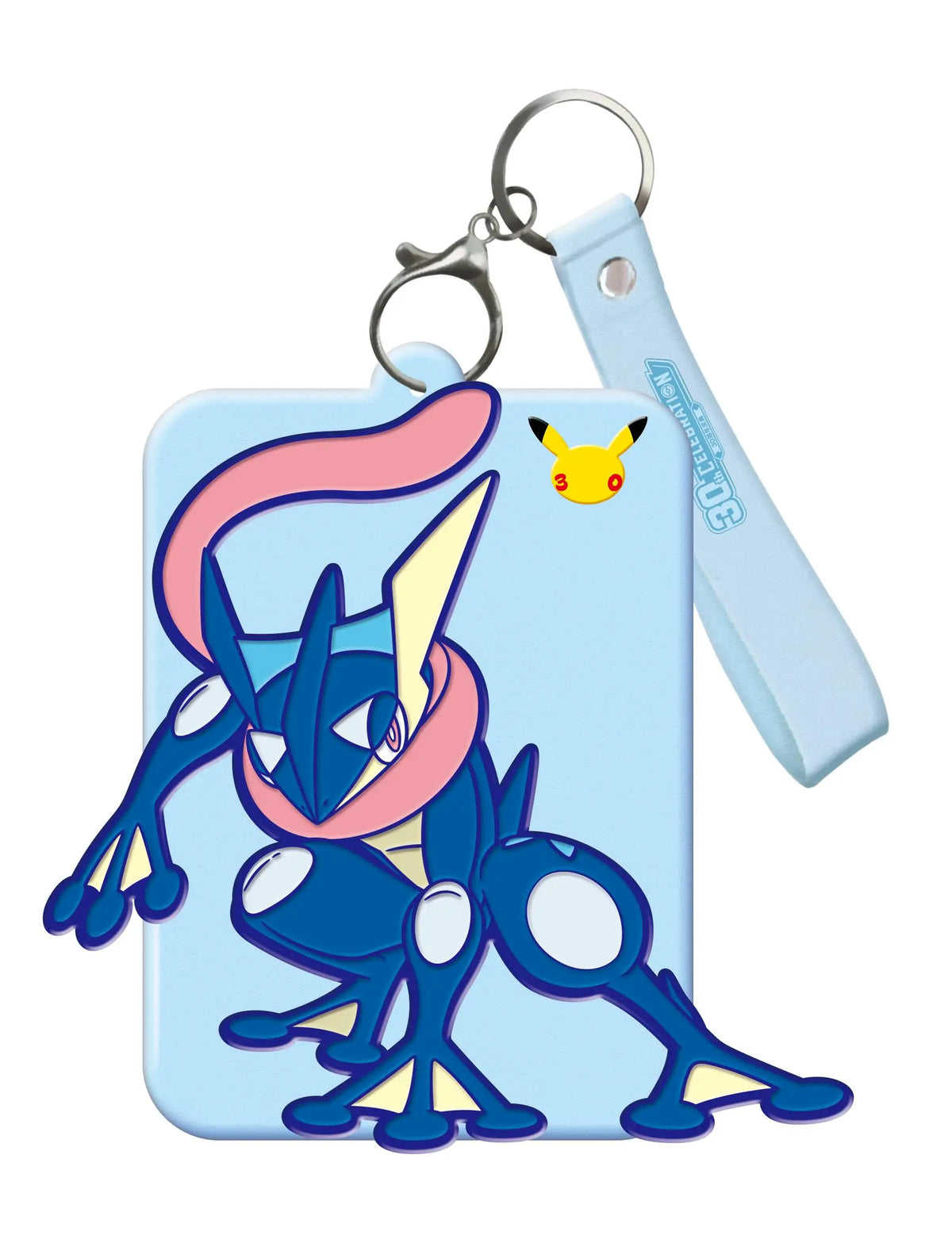 A display card set featuring Greninja and Sylveon Pokémon figures attached to a metal keyring.