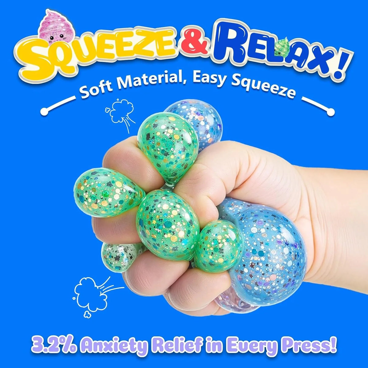 A hand squeezes a green glitter stress ball, demonstrating anxiety relief.