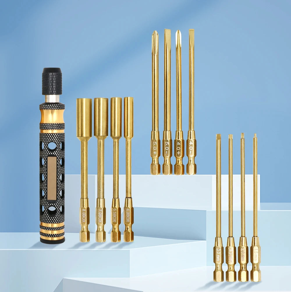 A set of four gold precision hex screwdrivers for RC vehicles displayed on a light blue background.