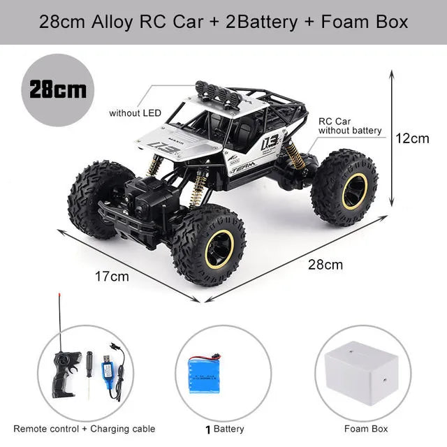 A black 28cm alloy RC car with a battery and foam box shown from above and side views.