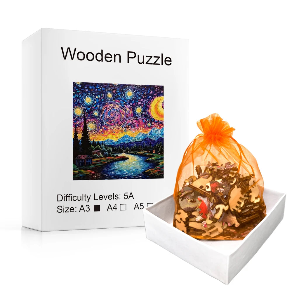 A box for a wooden puzzle titled Wooden Puzzle featuring a colorful night sky landscape.