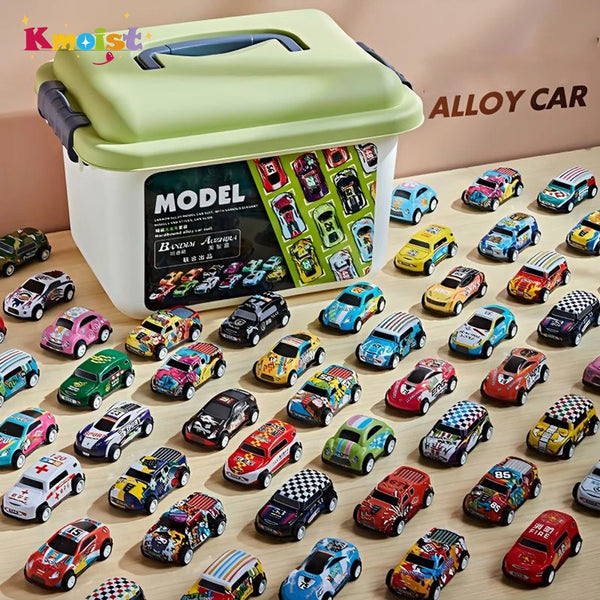 A collection of colorful diecast pull-back toy cars displayed in a white storage box.