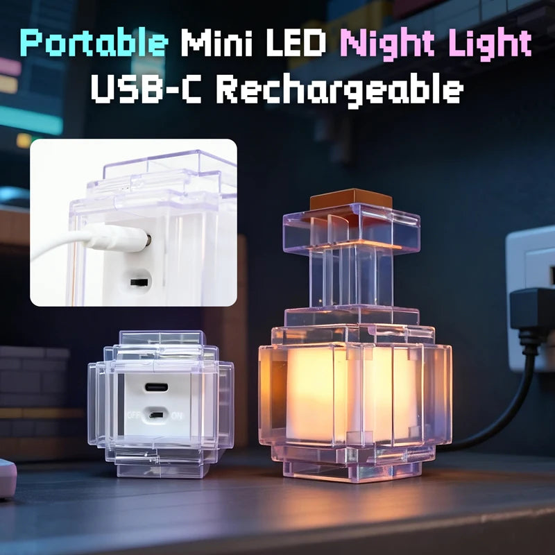 A portable mini LED night light with a clear acrylic base and illuminated light, shown next to a power adapter.