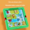 A green plastic puzzle game with colorful slides featuring various animals to stimulate a baby's sense of color