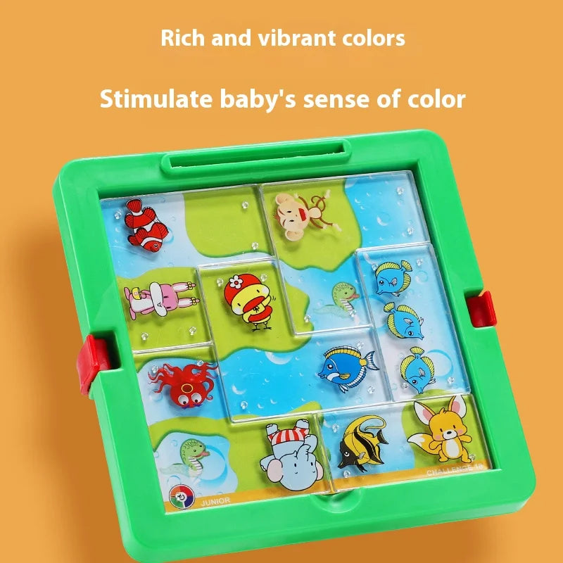 A green plastic puzzle game with colorful slides featuring various animals to stimulate a baby's sense of color