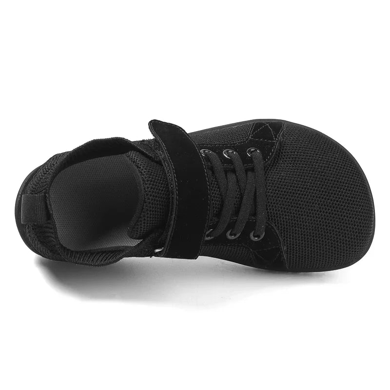 Black kids barefoot training sneakers shown from the top view