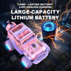 A pink 1:16 scale remote control off-road car with glowing lights and stickers is shown on a dark, futuristic surface.