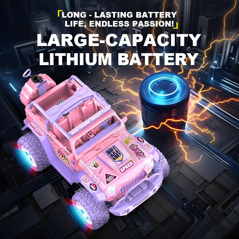 A pink 1:16 scale remote control off-road car with glowing lights and stickers is shown on a dark, futuristic surface.