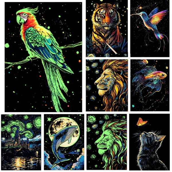 Collage de arte rascable que brilla en la oscuridad con animales como tucán, tigre, león, pez y gato.