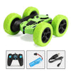 A bright lime green RC car with large wheels and LED lights, shown alongside its remote control.