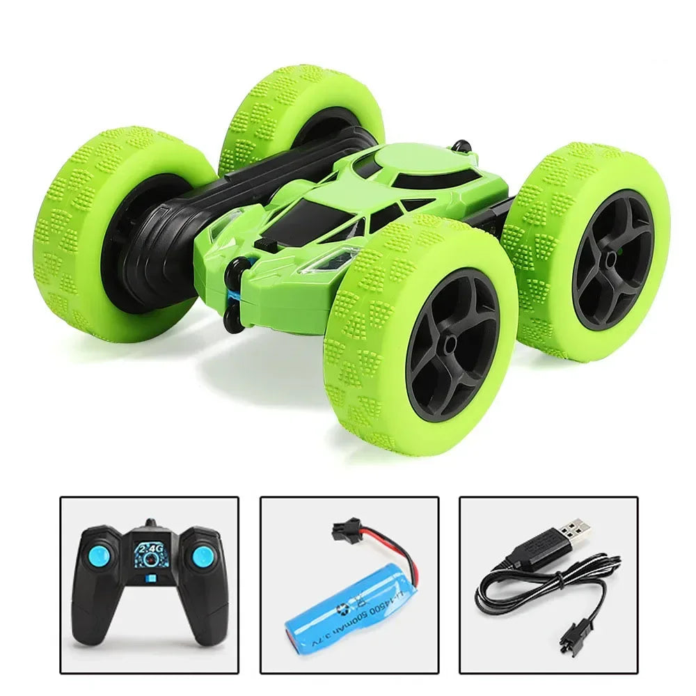 A bright lime green RC car with large wheels and LED lights, shown alongside its remote control.