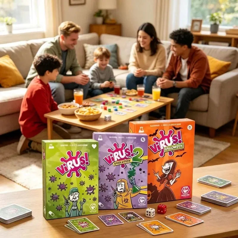 A box set of Virus card game featuring Evolution and Halloween expansions displayed on a wooden table.