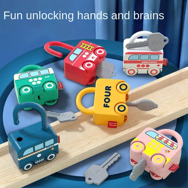 A collection of colorful Montessori number matching lock toys and keys for toddlers displayed on a wooden surface.