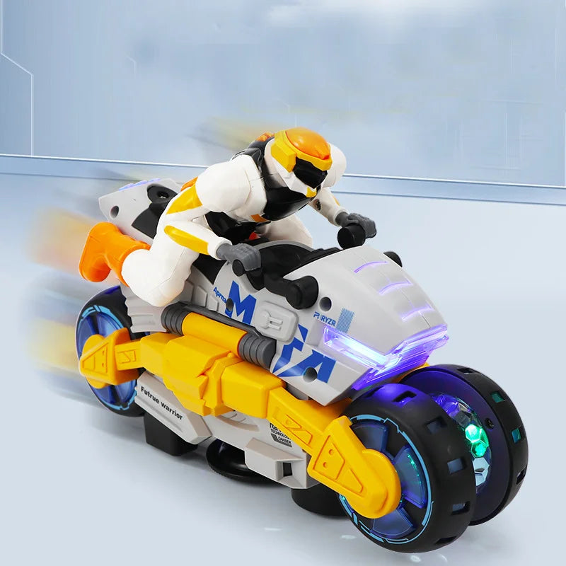 A futuristic stunt car toy with a driver figure, featuring lights and music.