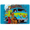 A cartoon illustration of a dog and a man standing next to a blue van loaded with items, set against a bright sky.