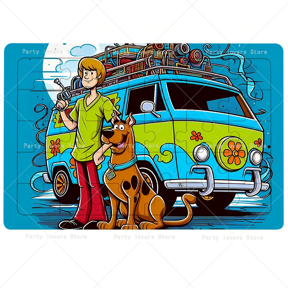 A cartoon illustration of a dog and a man standing next to a blue van loaded with items, set against a bright sky.