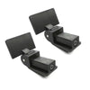 Black hinge set for a universal turntable dust cover, featuring two hinged pieces.