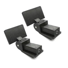 Black hinge set for a universal turntable dust cover, featuring two hinged pieces.