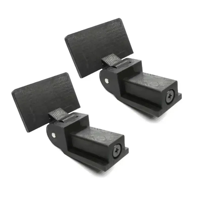 Black hinge set for a universal turntable dust cover, featuring two hinged pieces.